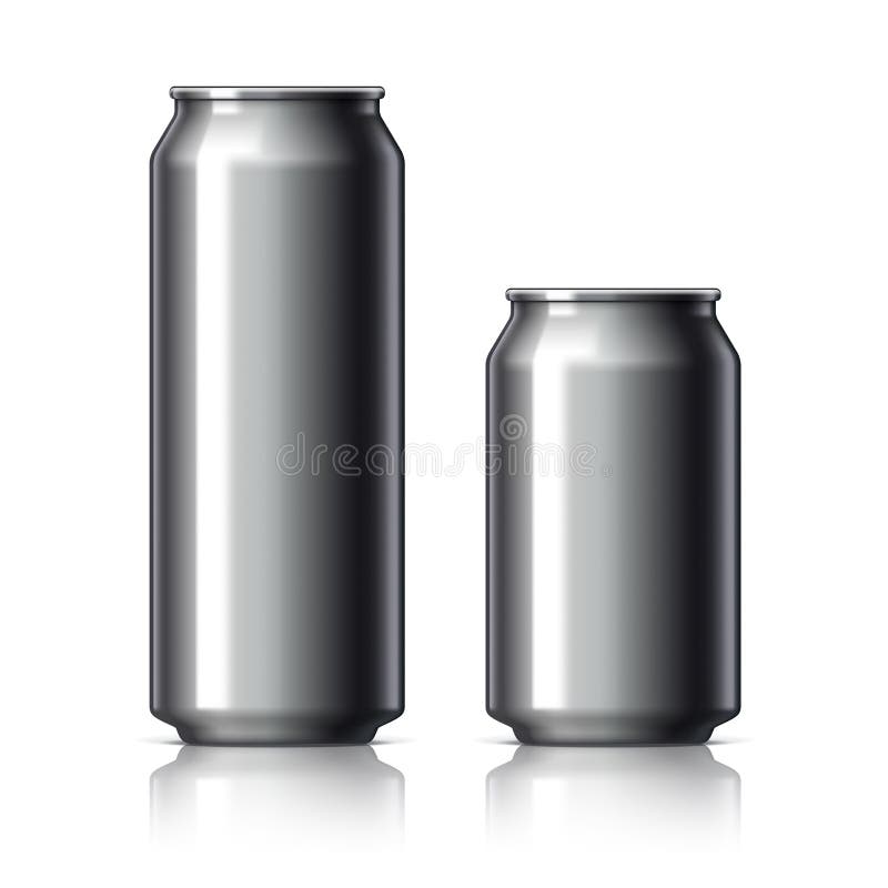 Black shiny aluminum cans for beer and soft drinks or energy. Packaging 500 and 330 ml. Object, shadow, and reflection on separate layers. Vector illustration