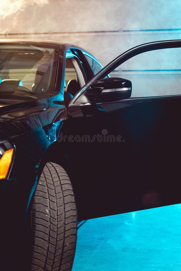 Shiny Luxury Car with Open Door in Garage with Smoke Stock Photo - Image of  transportation, smoke: 191440342