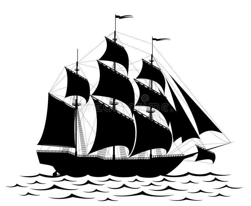 Černá staré lodi a vlny izolovaných na bílém.