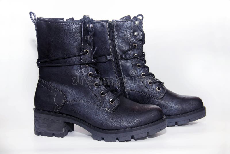 Black Shoes with Laces on a White Background. Isolate.Black Army Shoes Isolated on a White