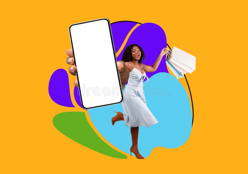 Black Shopaholic Lady With Shopping Bags And Blank Smartphone Over Abstract Background