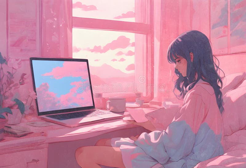 Largo tiempo cabello a su computadora portátil sobre el dormitorio, rosa a azul obras de arte.