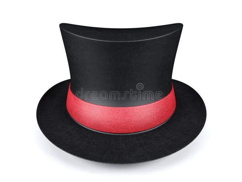 Black Short Top Hat With Red Ribbon Isolated On White Background Stock