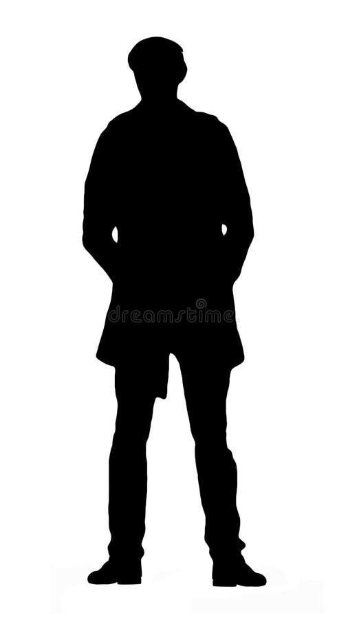 Black silhouette of an adult, slim and young man, standing in the pose of waiting and hands in the pockets of pants royalty free illustration Black silhouette of an adult, slim and young man, standing in the pose of waiting and hands in the pockets of pants royalty free illustration