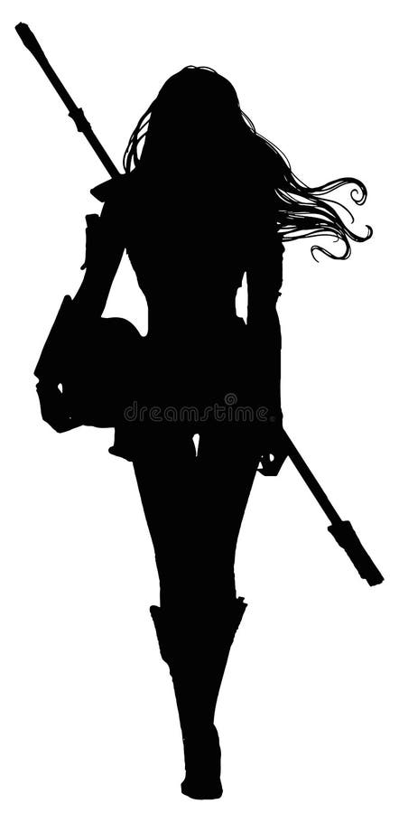 A black silhouette of a beautiful slender girl in a cyber suit with a staff behind her back gracefully walks forward holding a