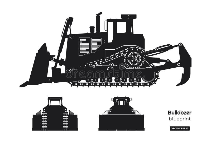 Black silhouette of bulldozer. Front, side and back view of digger. Building machinery image. Industrial isolated drawing of dozer. Diesel vehicle blueprint. Vector illustration. Black silhouette of bulldozer. Front, side and back view of digger. Building machinery image. Industrial isolated drawing of dozer. Diesel vehicle blueprint. Vector illustration