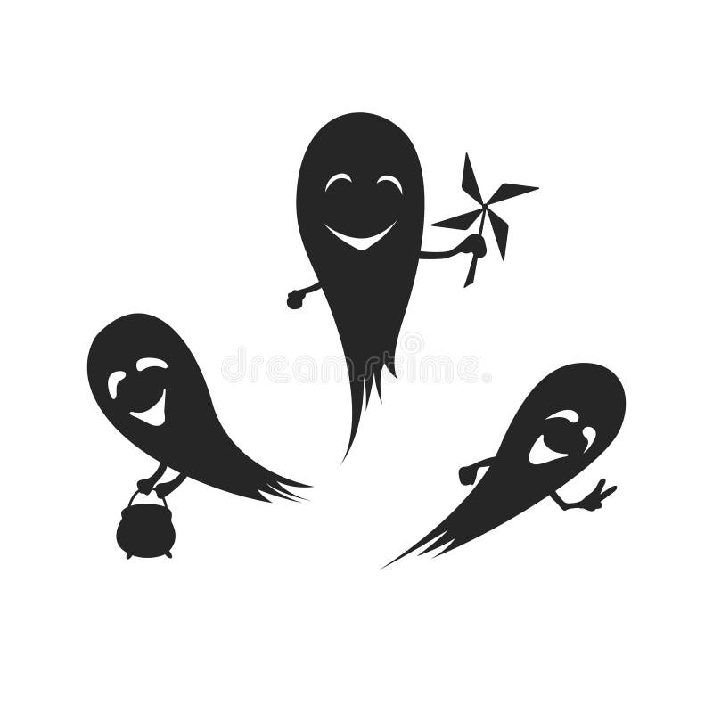 Black silhouette of cute ghosts. Halloween party. Isolated image of fanny monster. Flying spirit on white background. Vector illustration