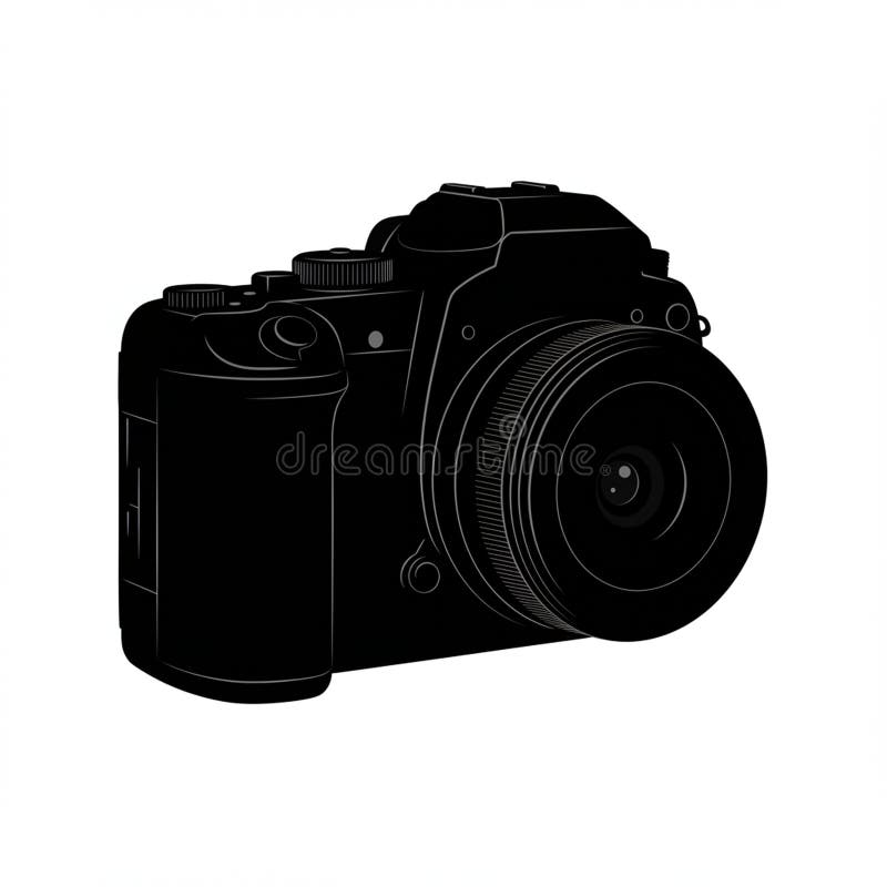 Black silhouette of a DSLR camera with a prominent lens and multiple control dials. royalty free illustration