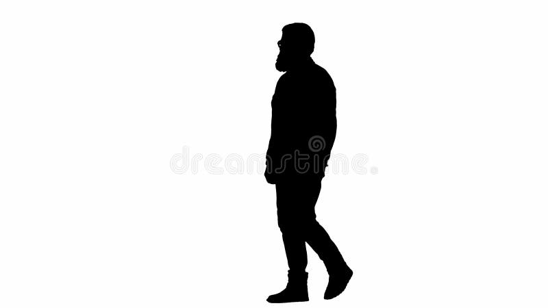 Black silhouette of elderly bearded man on white isolated background. Full frame elderly man walking. Half turn.