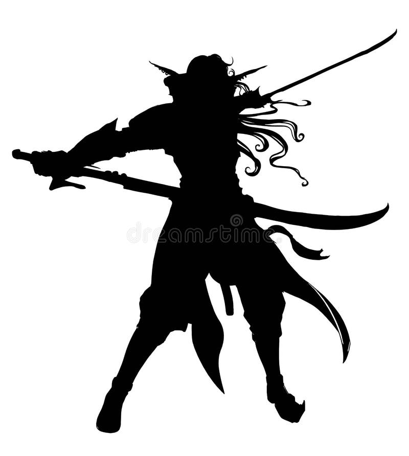 The black silhouette of an elf warrior with two curved blades is standing still, her hair fluttering in the wind, she is wearing graceful armor, she has long ears. 2D illustration