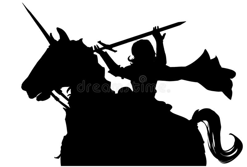 A black silhouette with a female knight riding a horse, she raises her sword to heaven, they are wearing heavy plate armor and a cloak. 2d art