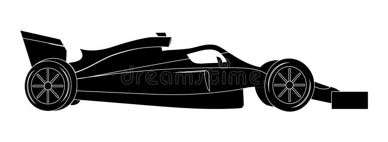 Black silhouette of a Formula one car with white outlines. Racing car side view. Wheels, spoilers and halo. High-speed