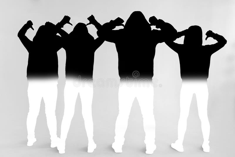 Black silhouette group people isolated on a white background. Three women and one man standing with their backs to the viewer raised their hands and pointed their fingers at the back