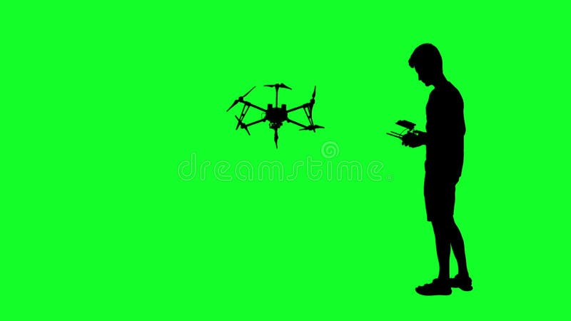 Black silhouette of a man operates unmanned quadcopter, animation. Green screen background stock footage