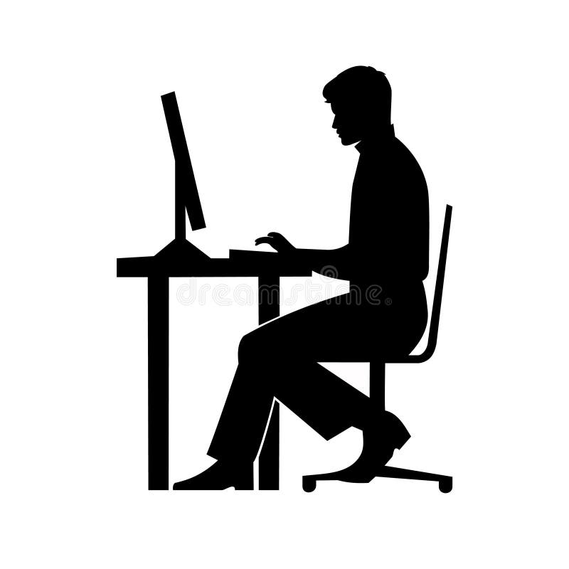 Black silhouette of a man sitting behind a computer icon