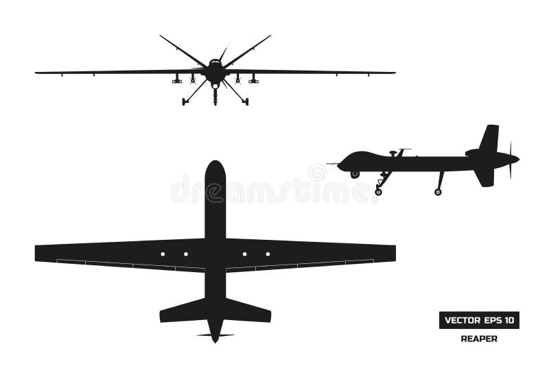 Black silhouette of military drone. Top, front and side view. Army aircraft for intelligence and attack vector illustration