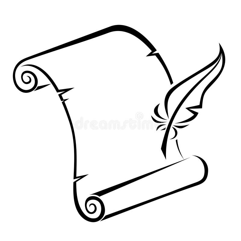 Black silhouette of paper scroll and feather pen. stock illustration Black silhouette of paper scroll and feather pen. stock illustration