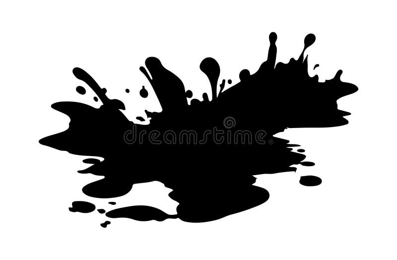 Black silhouette of puddle of water or mud with splashes and drops. Vector isolated on white. Paint, ink, dirt or blood