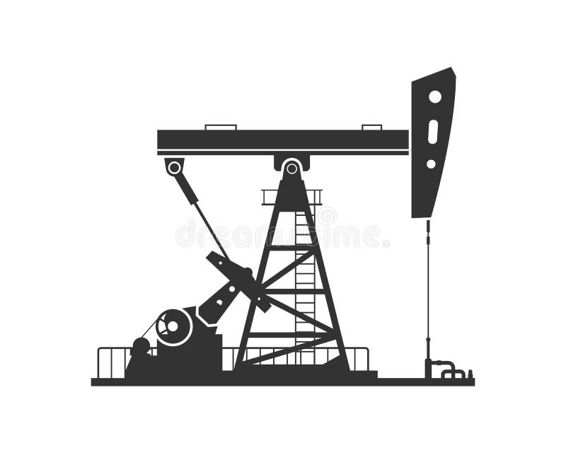 The Black Silhouette of a Pump Jack is Isolated on a White Background
