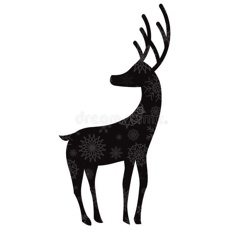 Black silhouette of reindeer with snow flakes pattern isolated