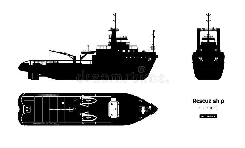 Black silhouette of rescue ship. Top, side and front view. Industry blueprint. Isolated drawing of boat