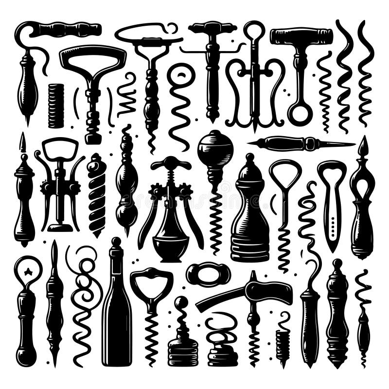 Black Silhouette Set of Various Corkscrews, Vector Illustration Stock