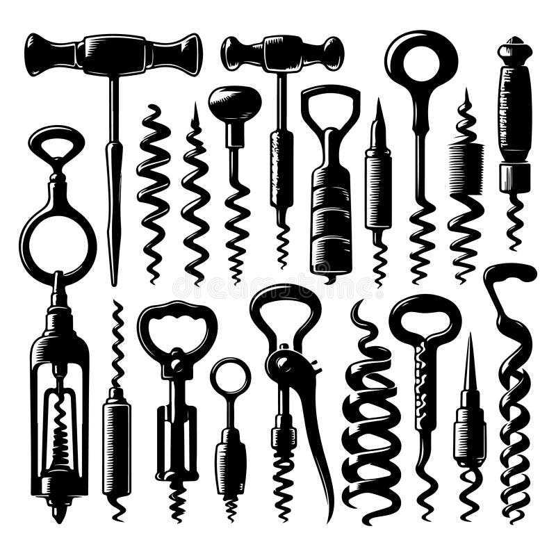 Black Silhouette Set of Various Corkscrews, Vector Illustration Stock
