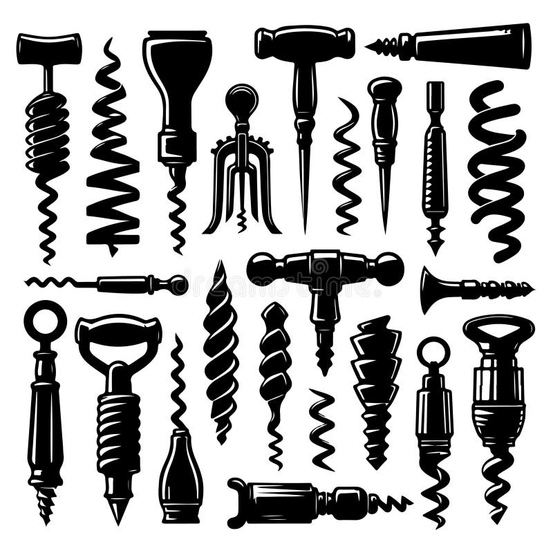 Black Silhouette Set of Various Corkscrews, Vector Illustration Stock