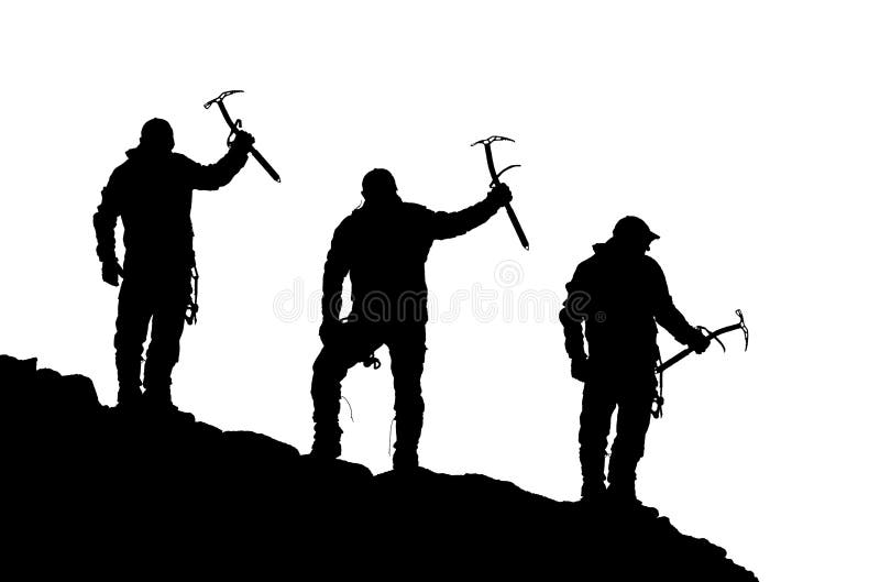 Black silhouette of three climbers with ice axe in hand