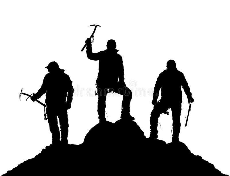 Black silhouette of three climbers with ice axe in hand