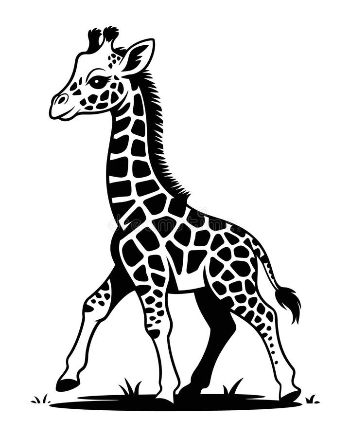 A black silhouette of a young giraffe stands gracefully stock illustration