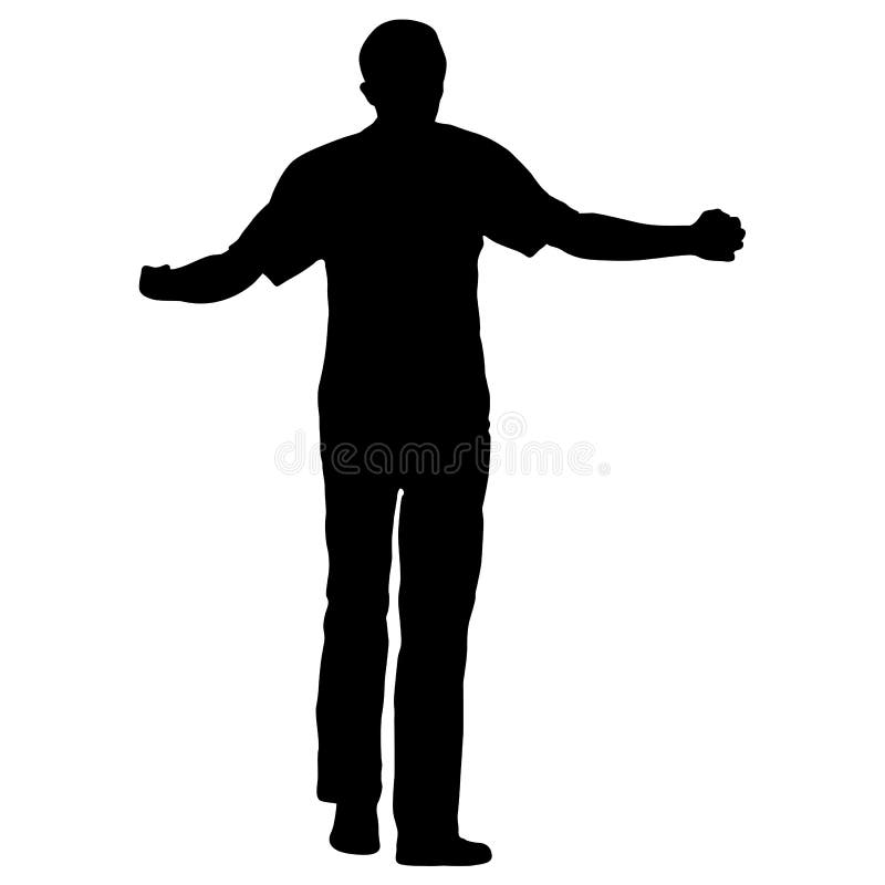 Black Silhouettes Man with Arm Raised on a White Background Stock