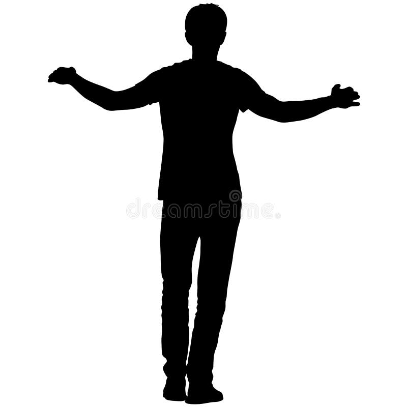 Black Silhouettes Man with Arm Raised on a White Background Stock