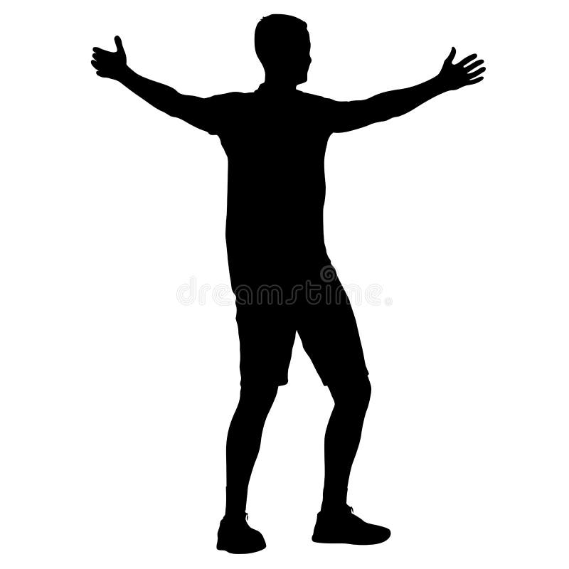 Black Silhouettes Man with Arm Raised on a White Background Stock
