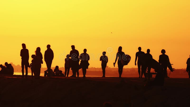 Black silhouettes of people holding surfboards walking on the hill at sunset