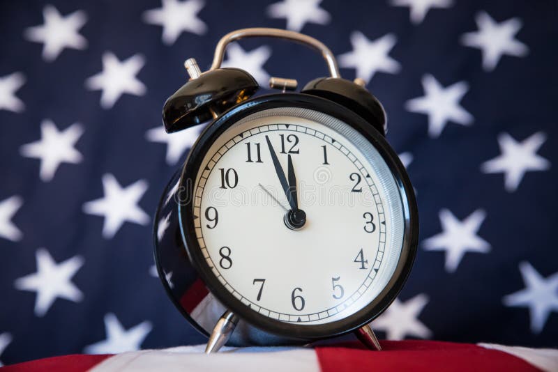 Government Shutdown, Alarm Clock and American Flag, Low Angle Stock