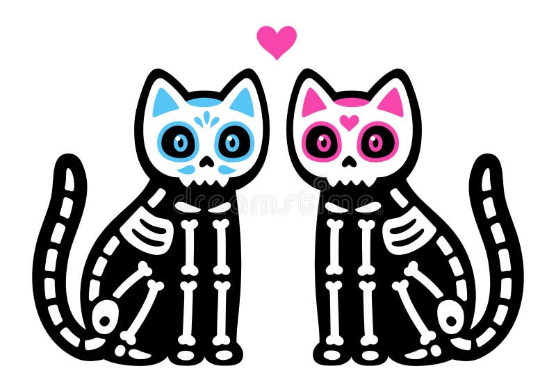 Black Skeleton Cats Couple with Mexican Painted Skulls Stock Vector ...