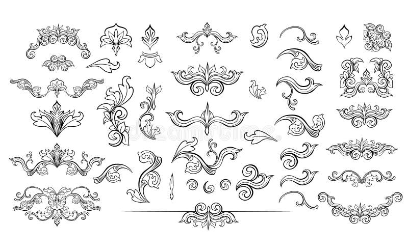 Set of black isolated sketches of floral decorations