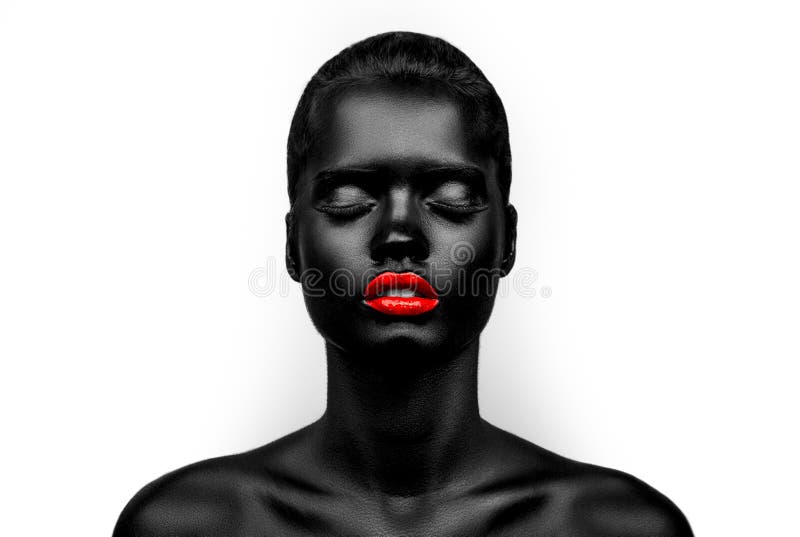 Black-skin female model with a red lips