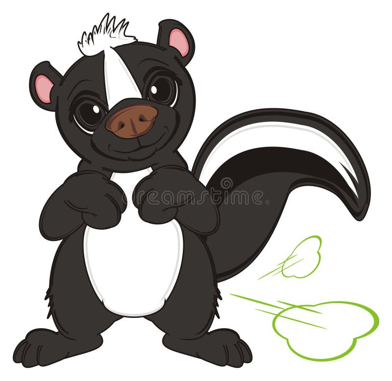 Smiling skunk stand around a green smell. Smiling skunk illustrations