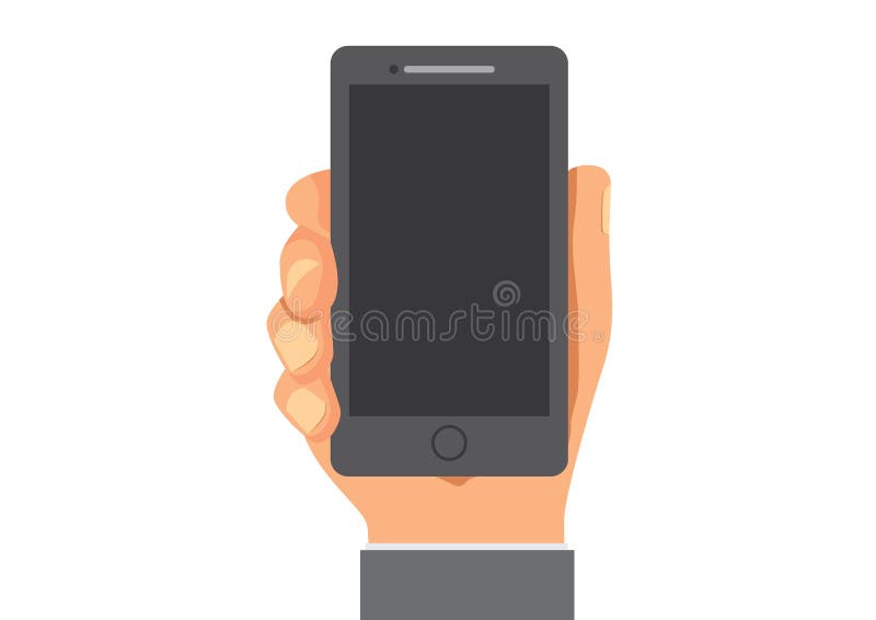 Black smart phone in hand mock up flat cartoon version