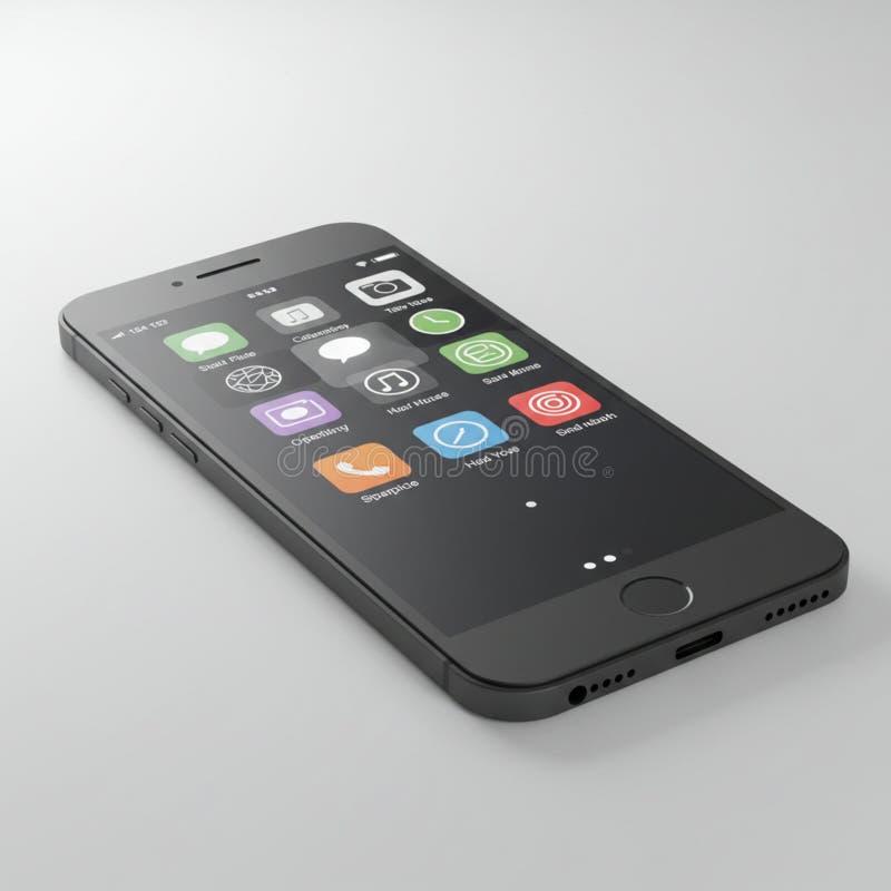 Black smartphone with a sleek design, featuring a prominent touchscreen displaying royalty free illustration