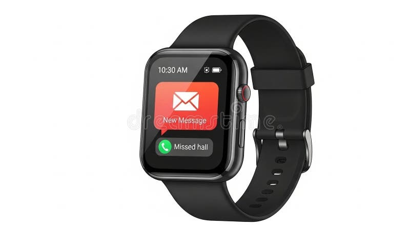 Black smartwatch displaying notifications for message and missed call on digital screen vector illustration