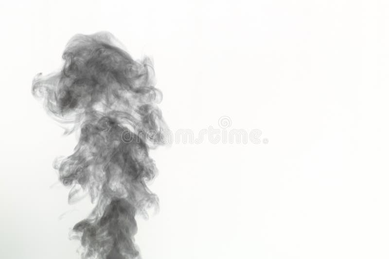 Black smoke isolated on white background, inverted frame, copy space. Mystical, curly smoke for design, background