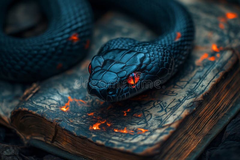 Black snake with red eyes is guarding an ancient magic book with burning symbols stock photos