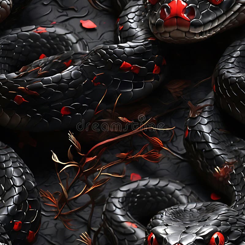 A Black Snake with Red Eyes Was Slithering on the Black Ground Seamless