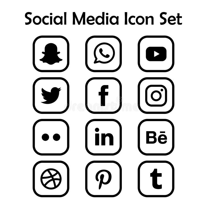 Black and white social media icon set of all major social media platforms. Black and white social media icon set of all major social media platforms.