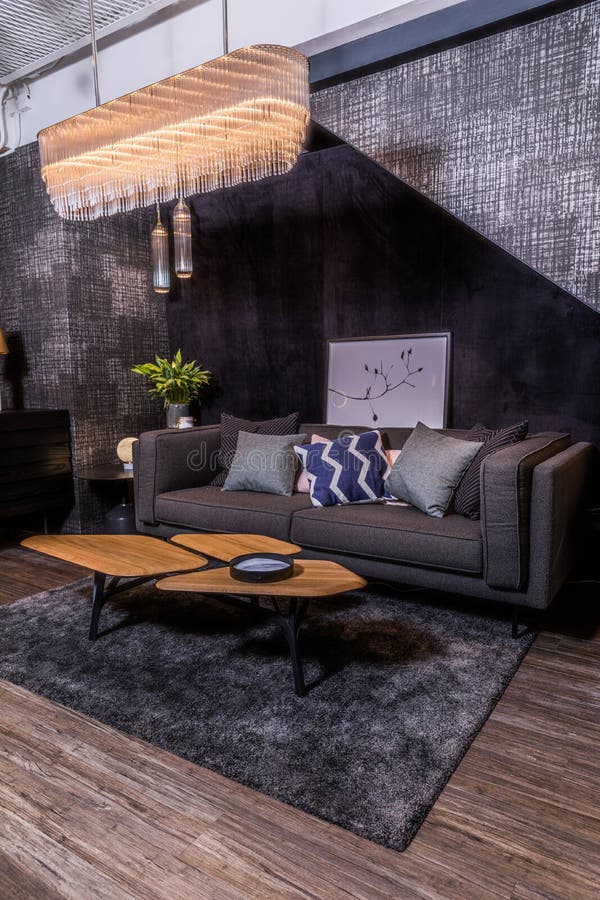 Black Sofa and Brown Table Stacked on a Light Background on Gray Floor ...
