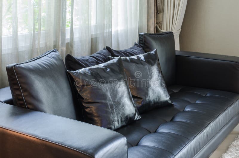 Black Sofa with Pillows in Living Room Stock Photo Image of modern