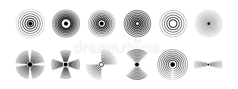 Black sonar wave collection. Signal detection indicator, pulse monitor circles. Radar sound frequency, digital radio royalty free illustration